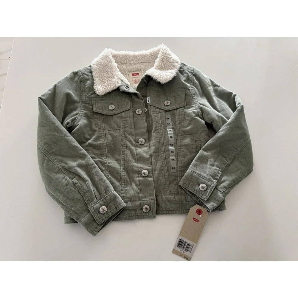 NEW Levis Girls Size 6-7 y Corduroy Trucker Jacket green Sherpa Lined warm cozy